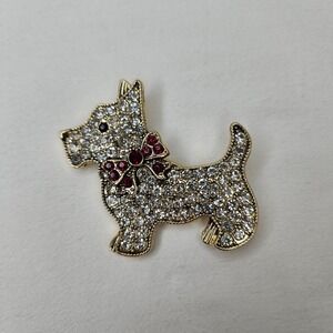 Monet Gold Tone Scottie Dog Brooch Red Rhinestone Bow Terrier Pin Clear Crystal